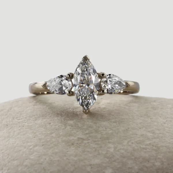 The Liza: Handmade 18ct White Gold Marquise and Pear Trilogy Diamond or Moissanite Engagement Ring